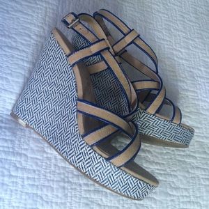 Blue and tan strappy wedges