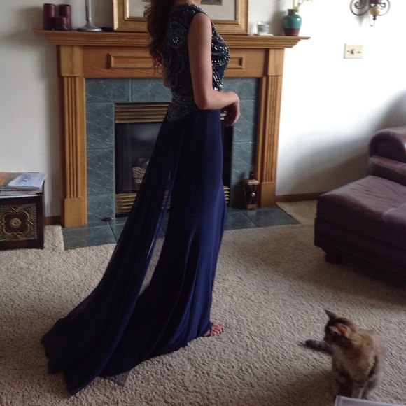 Sherri Hill dark blue sequin prom dress