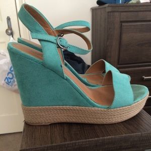 Aqua / teal suede wedge sandals