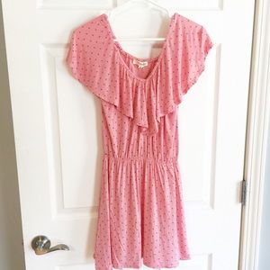 Pink dress with gray polka dots