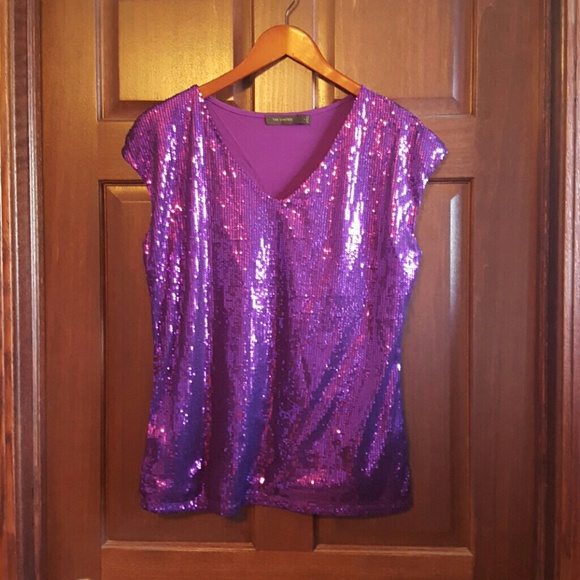 The Limited Purple Sequined VNeck Cap Sleeve Top