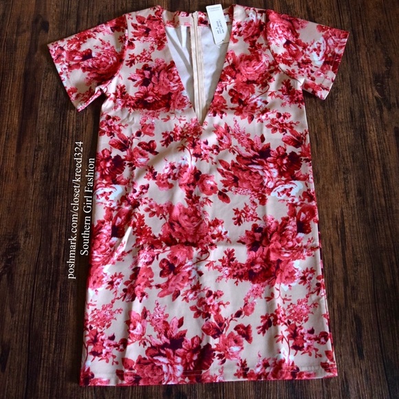 SHIFT DRESS Floral Printed Plunging Cocktail Mini - Picture 3 of 4