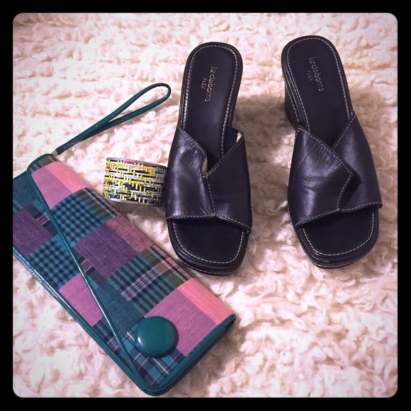 Liz Claiborne Flex Denise Wedge Slides Black sz 10