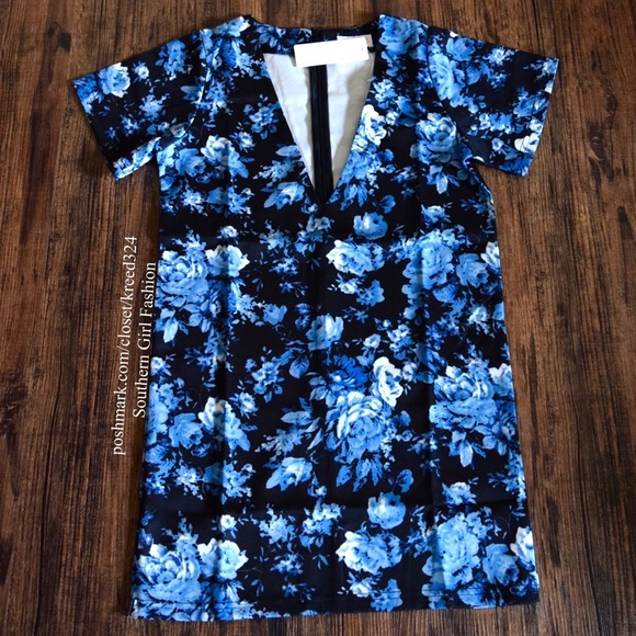 SHIFT DRESS Floral Printed Plunging Cocktail Mini - Picture 3 of 4