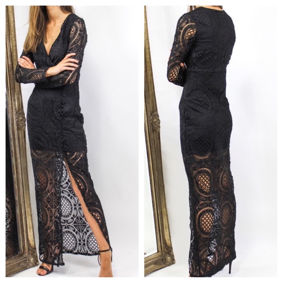 LACE MAXI Geometric Patterned Wrap Plunge Dress - Picture 2 of 4