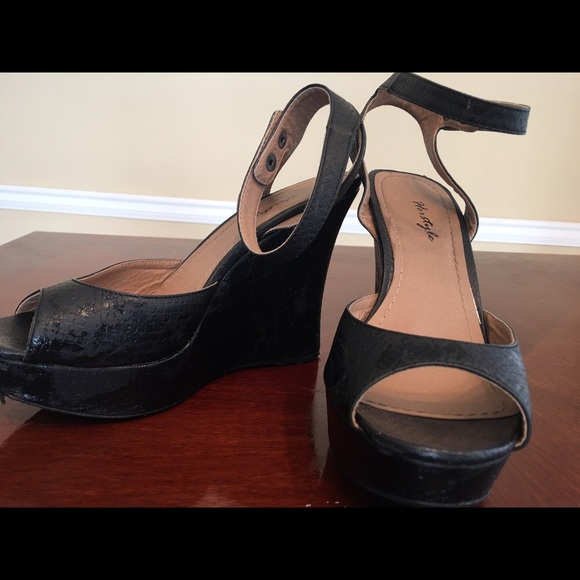 Black leather wedges