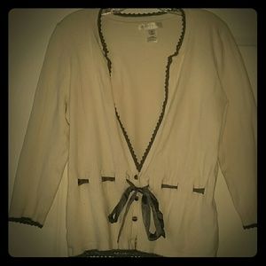 3-button cardigan, cream w/ gray trim