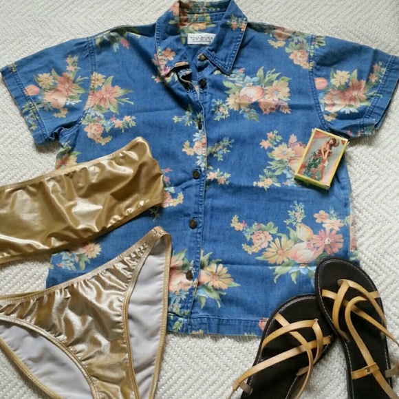 Liz Claiborne 80s Denim Hawaiian Floral Shirt