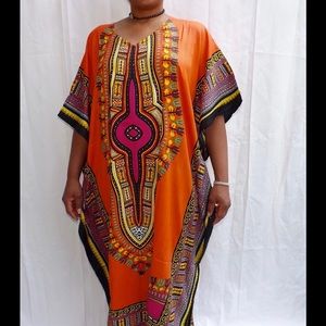 Long Dashiki print dress.  100% Rayon. Orange FIRM
