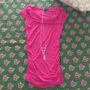 Pink rayon/spandex ruched shirt with slight cowl
