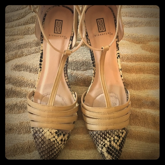 Signature t-strap reptile/nude shoes.