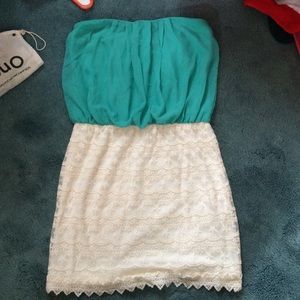 Turquoise and white strapless silk and lace dress