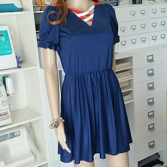 Blue with red and white details Vintage dress - Picture 1 of 4