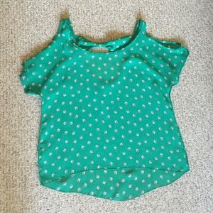 Green patterned off shoulder shirt