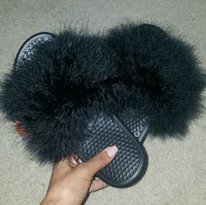 Black Furry Nike Slides