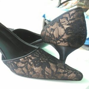 Taupe and black lace pumps