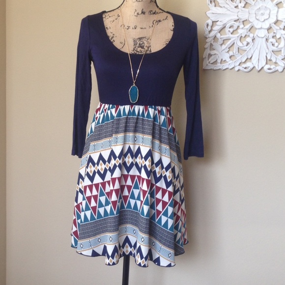 Navy Three Quarter Length Sleeve Dress