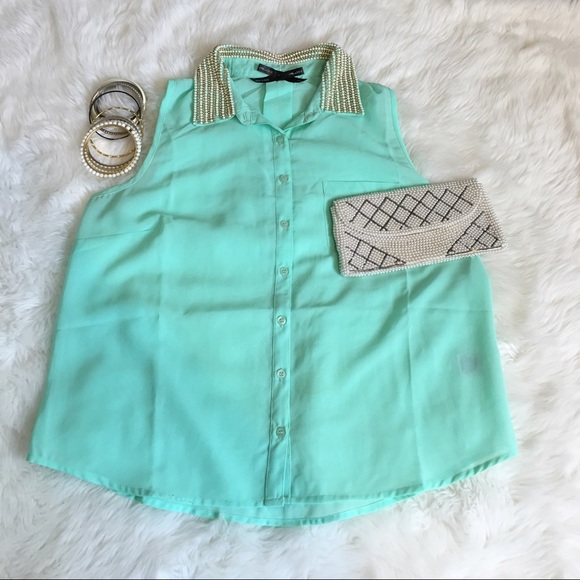 Mint pearl collar tank top