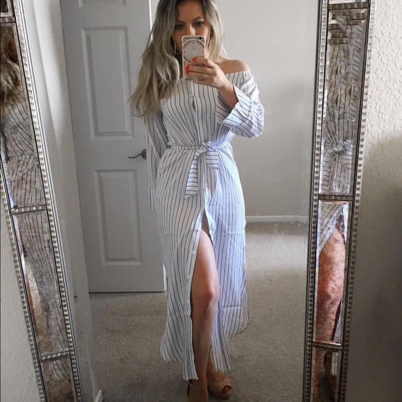 White Striped Off Shoulder Dress - Picture 2 of 3