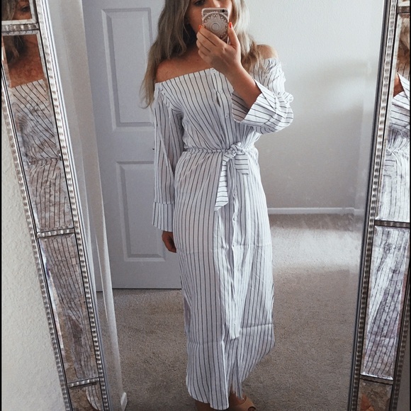 White Striped Off Shoulder Dress - Picture 3 of 3