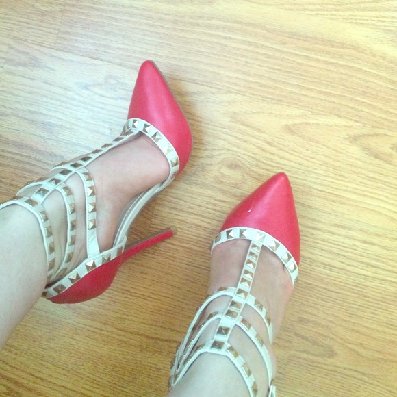 Red Gold studded nude heels