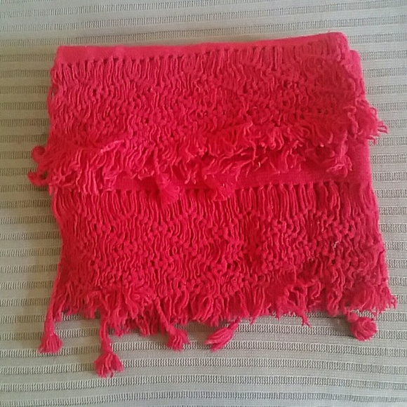 Handmade Mexican red wool shawl w/ woven fringe