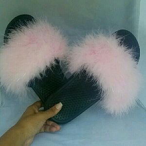 Light Pink Furry Nike Slides