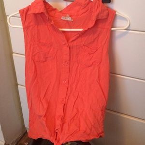 Coral button up collared tank with a tie front