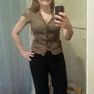 Jones New York sheer crinkle crepe silk olive top