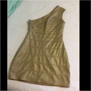 One-shoulder gold Express dress.