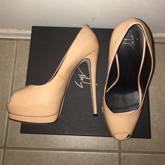 Giuseppe Zanotti Nude Mesh Leather Peep Toe Platform Heels  Giuseppe Zanotti Nude Platform