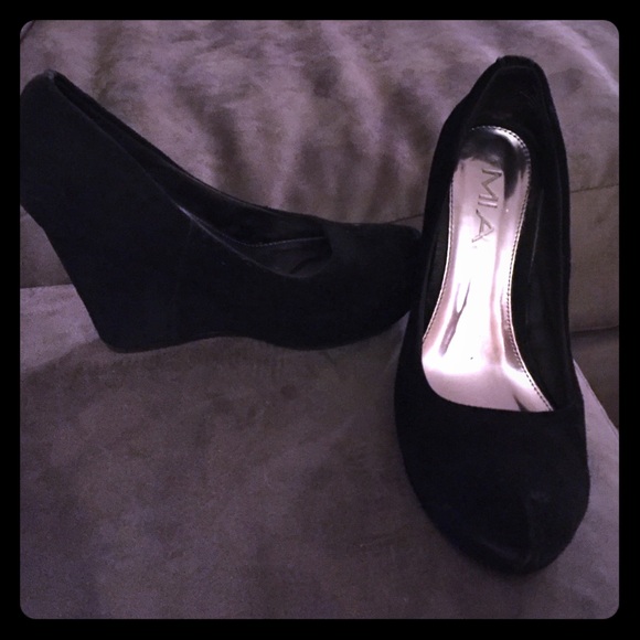 Black suede, 4 inch Mia wedge pumps, size 7.5