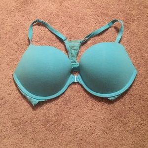 Blue lace racer back bra