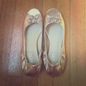 RSVP gold peep toe flats with rhinestone detail