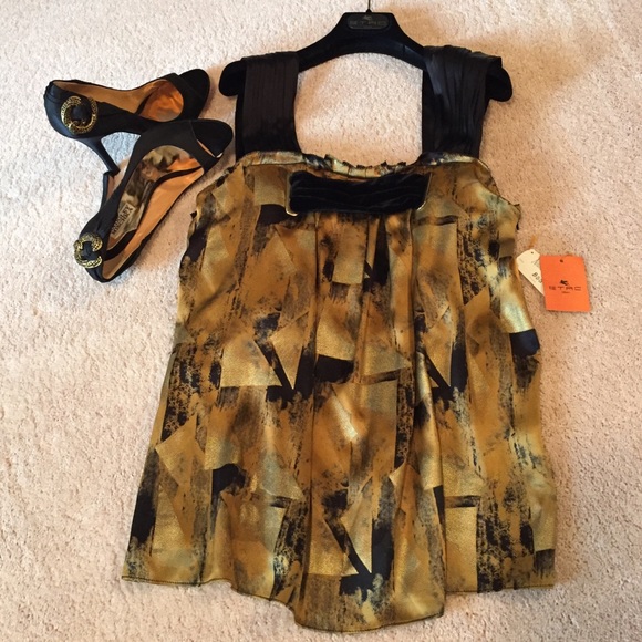 Etro top 100% silk with velvet and metal accent