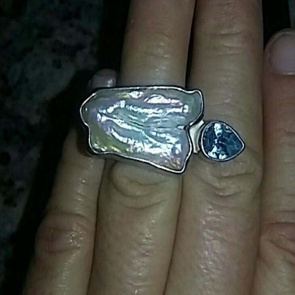 Echo of the Dreamer Blue Topaz and Pearl Ring