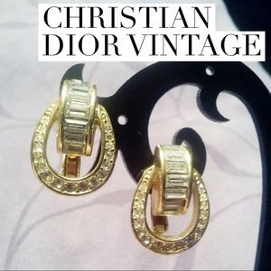 Signed Vintage Gold Rhinestone Clip Earrings