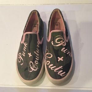 Juicy Couture slip on pink shoes in camo/pink