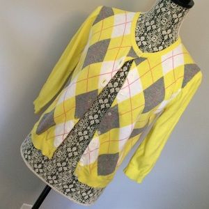 Argyle button-down three-quarter sleeve sweater