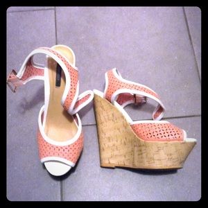 Coral with a faux cork wedge shoe