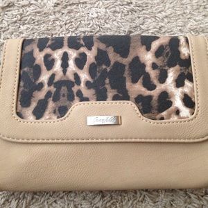 Leopard print clutch with shoulder strap