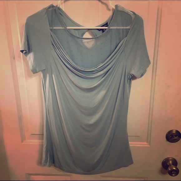 Sky Blue Top, Sheer neckline, back keyhole, Small - Picture 1 of 2