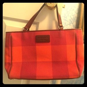 Kate spade canvas orange and pink plaid tote bag