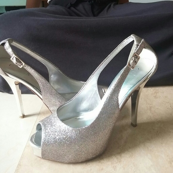 Silver sparkle Guess open toe heels
