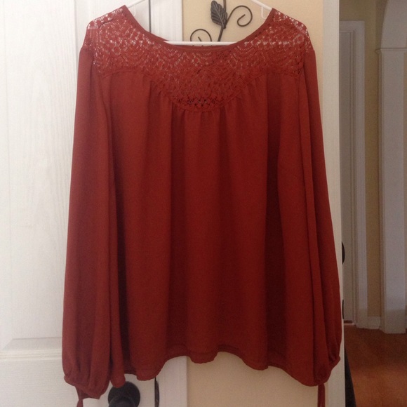 burnt orange long sleeve shirt with crochet