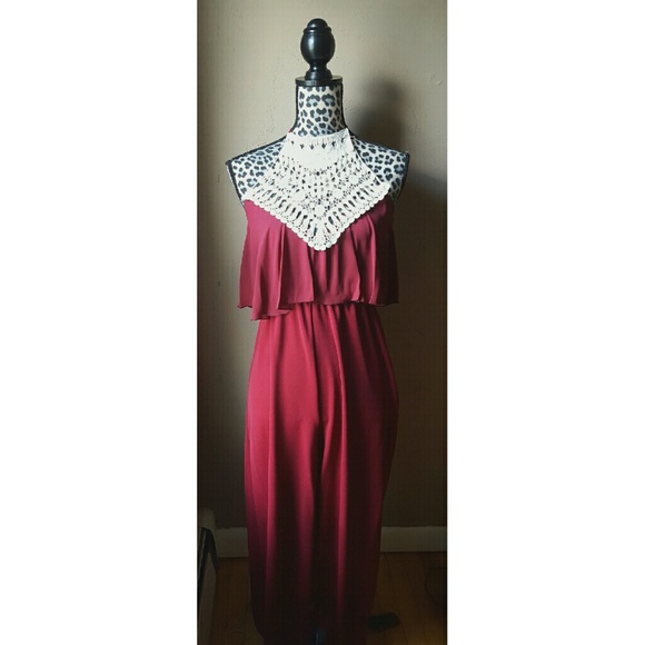 Burgundy cream crochet high neck jumpsuit - Picture 2 of 4