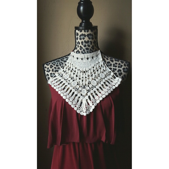 Burgundy cream crochet high neck jumpsuit - Picture 3 of 4