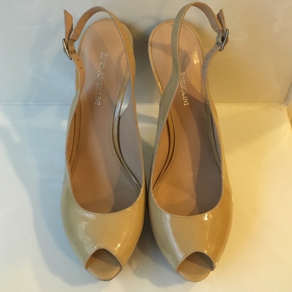 Nude patent leather sling back heels