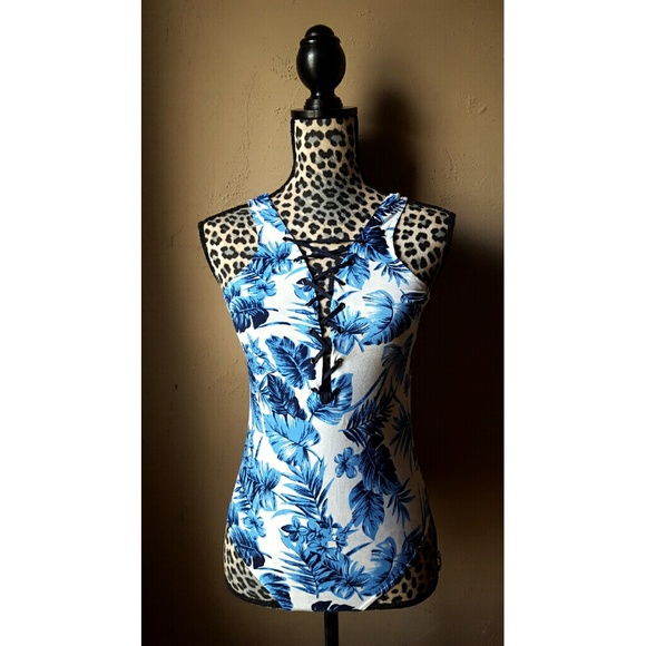 Blue white palm leaf lace up bodysuit - Picture 2 of 3