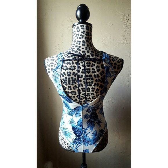 Blue white palm leaf lace up bodysuit - Picture 3 of 3